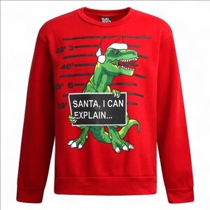 Quad Seven Boys Red “Santa, I Can Explain…” Dinosaur Christmas Sweatshirt Size 7
